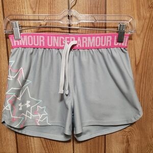 Under Armour Girls Running Shorts Sz Youth L Gray And Pink Drawstring